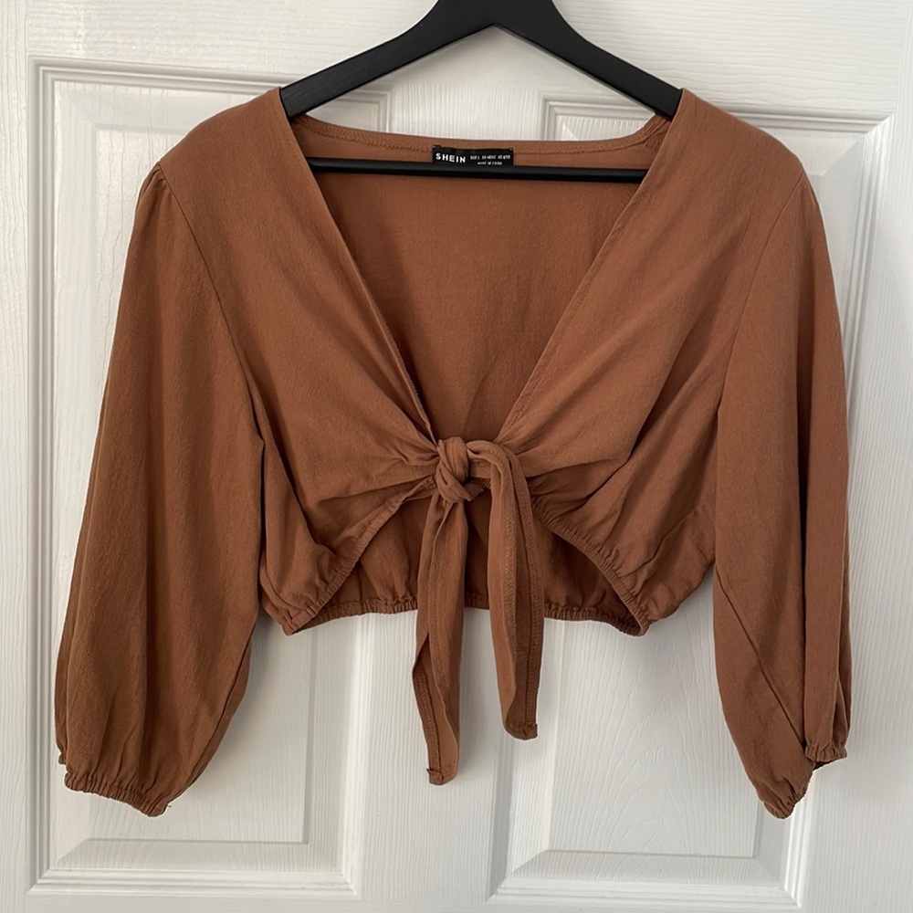 Womens brown crop front tie blouse